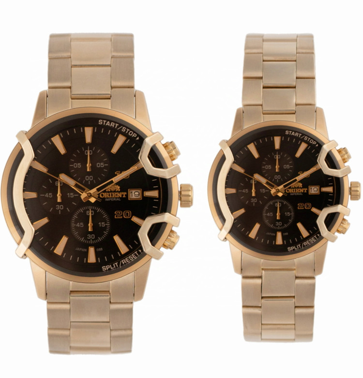 ساعت مچی ست زنانه مردانه ORIENT اورینت فلزی سه موتور فعال کورنوگراف بند طلایی صفحه مشکی شیشه دودی طرح شاخدار کد 088