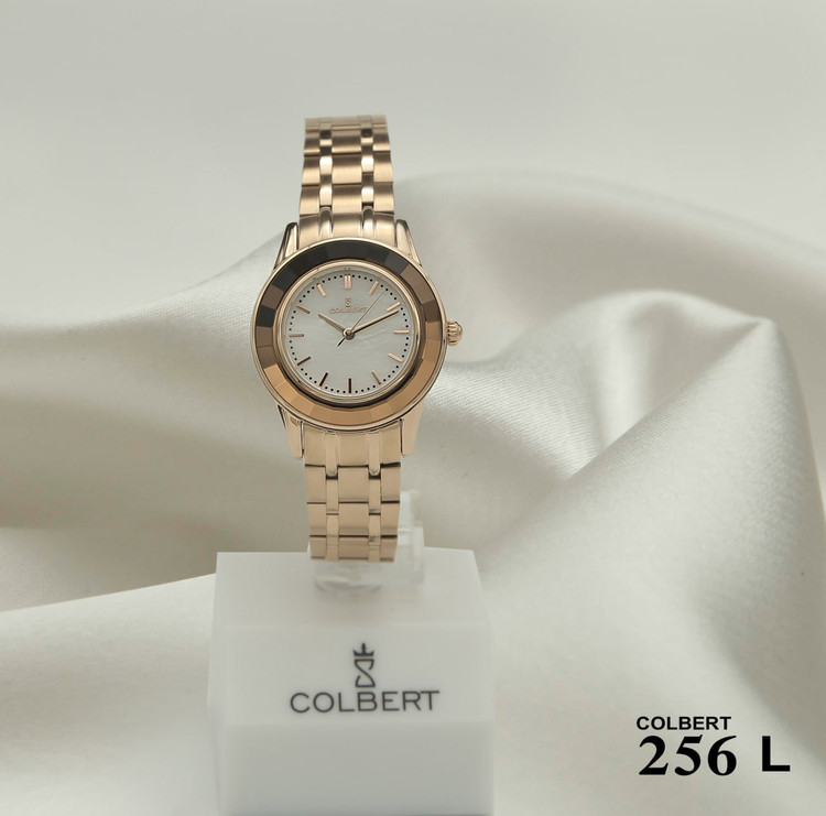 ساعت مچی زنانه Colbert کلبرت فلزی دورقاب طرح سرامیک بند رزگلد قاب رزگلد صفحه سفید کد 256