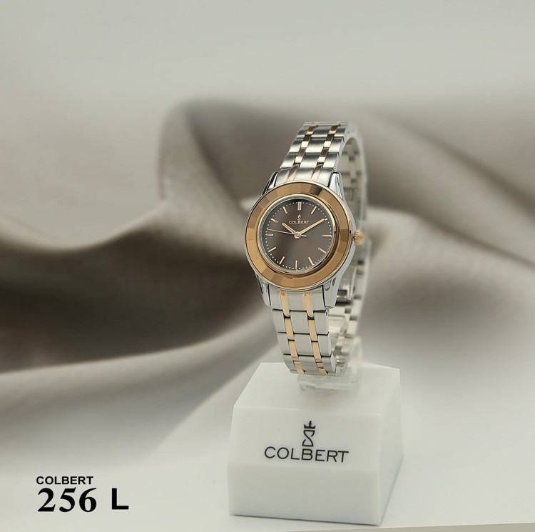 ساعت مچی زنانه Colbert کلبرت فلزی دورقاب طرح سرامیک بند رزگلد استیل رزگلد قاب استیل صفحه مشکی کد 256