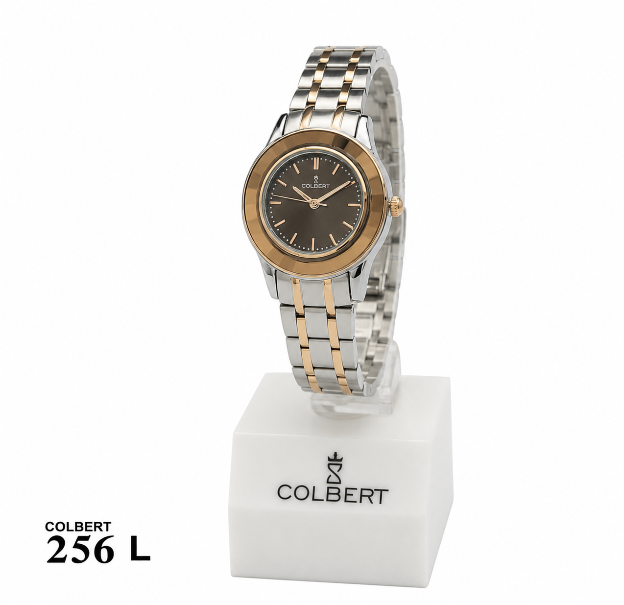 ساعت مچی زنانه Colbert کلبرت فلزی دورقاب طرح سرامیک بند رزگلد استیل رزگلد قاب استیل صفحه مشکی کد 256