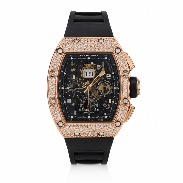 ساعت مچی مردانه RichardMille ریچارد میل سه موتور فعال اتوماتیک مکانیکی درب پشت شیشه ای موتور پیدا اسکلتون قاب پرنگین رزگلدفلزی بند رابر مشکی صفحه مشکی