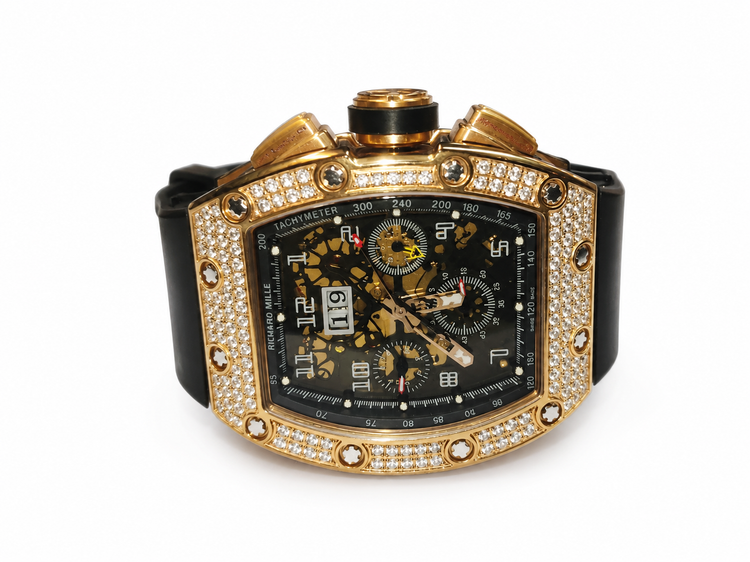 ساعت مچی مردانه RichardMille ریچارد میل سه موتور فعال اتوماتیک مکانیکی درب پشت شیشه ای موتور پیدا اسکلتون قاب پرنگین رزگلدفلزی بند رابر مشکی صفحه مشکی