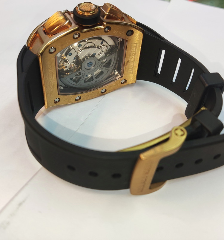 ساعت مچی مردانه RichardMille ریچارد میل سه موتور فعال اتوماتیک مکانیکی درب پشت شیشه ای موتور پیدا اسکلتون قاب پرنگین رزگلدفلزی بند رابر مشکی صفحه مشکی