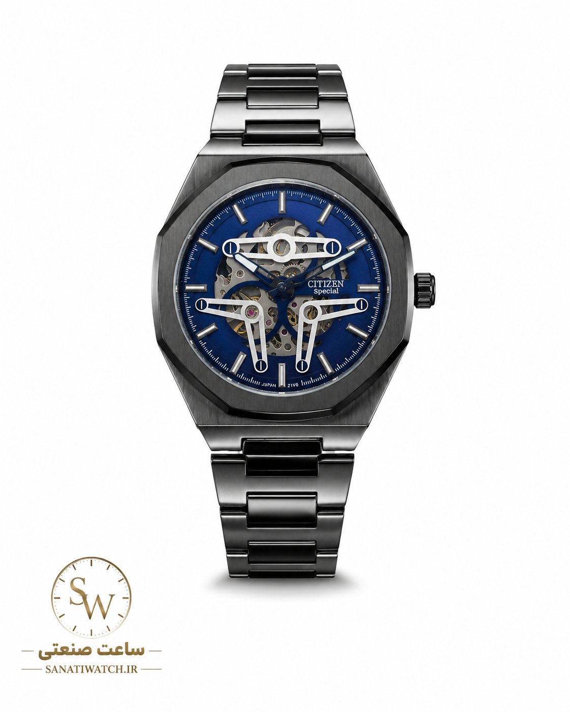 ساعت مچی مردانه CITIZEN سیتیزن فلزی اتوماتیک مکانیکی اسکلتون درب پشت شیشه ای بند مشکی صفحه سورمه ای کد ۲۱۹۶