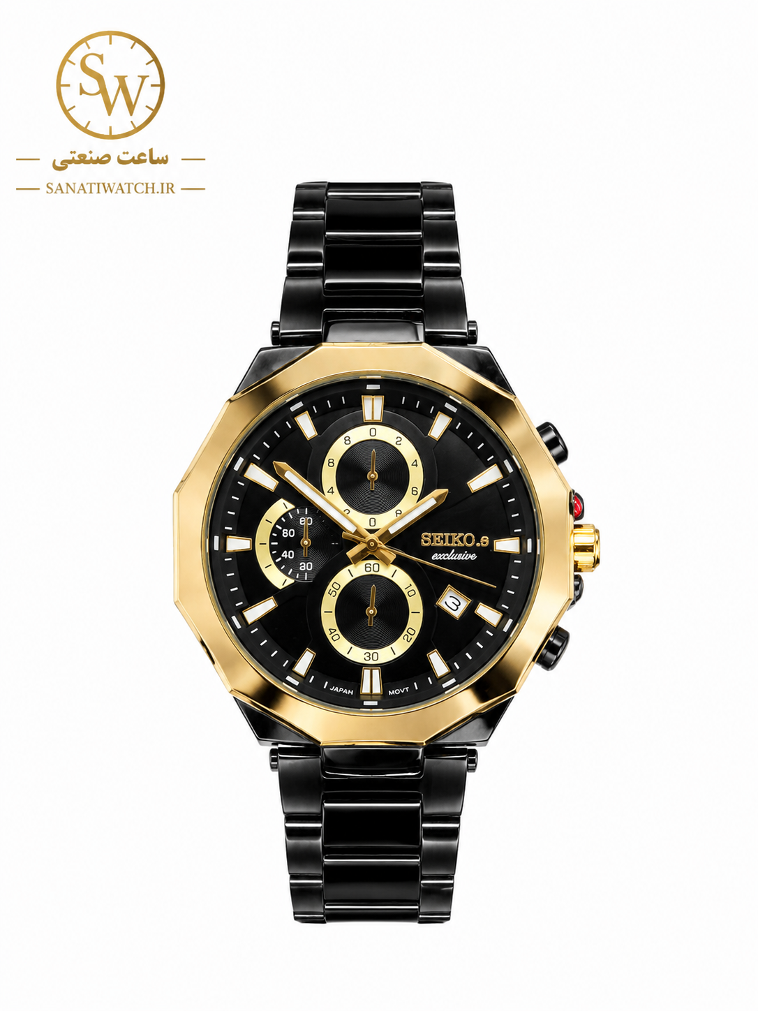 ساعت مچی مردانه SEIKO سیکو فلزی سه موتور فعال کورنوگراف بند مشکی قاب طلایی صفحه مشکی کد 3095