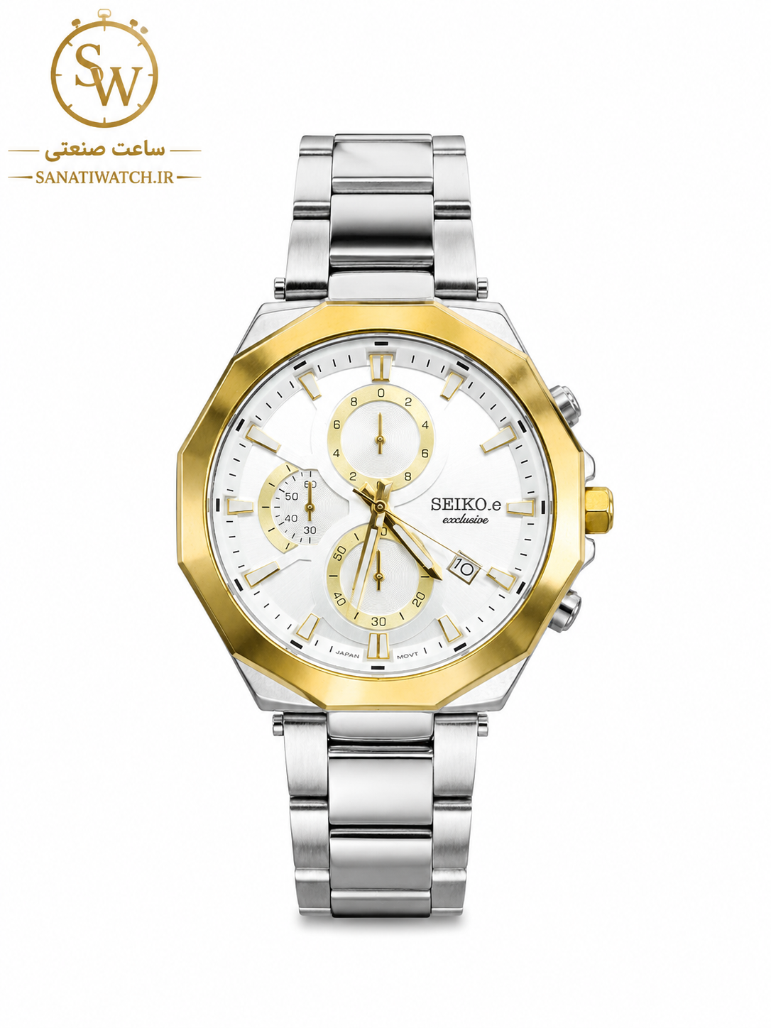 ساعت مچی مردانه SEIKO سیکو فلزی سه موتور فعال کورنوگراف بند استیل قاب طلایی استیل صفحه استیل کد 3095