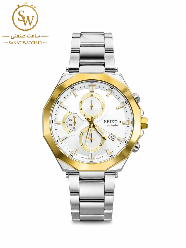 ساعت مچی مردانه SEIKO سیکو فلزی سه موتور فعال کورنوگراف بند استیل قاب طلایی استیل صفحه استیل کد 3095
