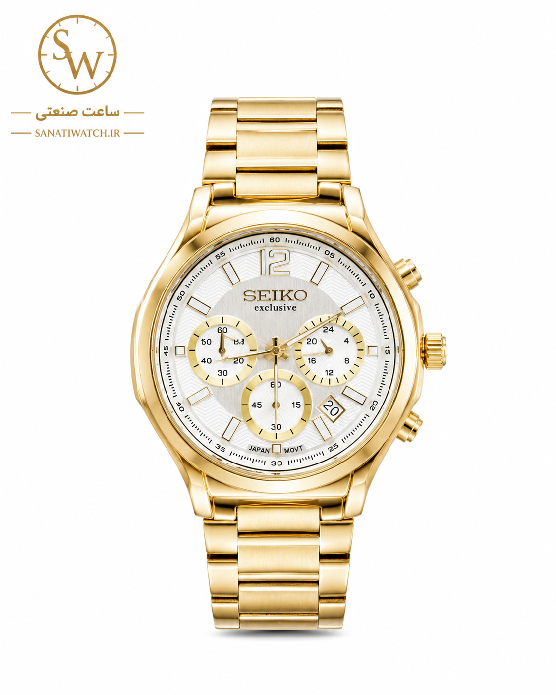 ساعت مچی مردانه SEIKO سیکو فلزی سه موتور فعال کورنوگراف بند طلایی قاب طلایی صفحه استیل کد 3060