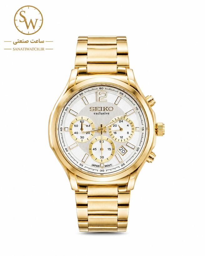 ساعت مچی مردانه SEIKO سیکو فلزی سه موتور فعال کورنوگراف بند طلایی قاب طلایی صفحه استیل کد 3060