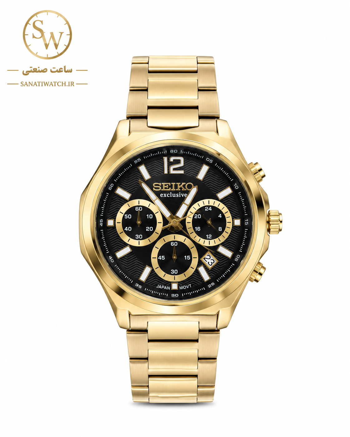 ساعت مچی مردانه SEIKO سیکو فلزی سه موتور فعال کورنوگراف بند طلایی قاب طلایی صفحه مشکی کد 3060