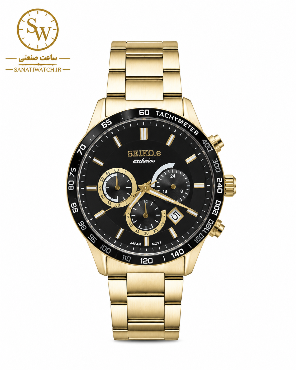 ساعت مچی مردانه SEIKO سیکو فلزی سه موتور فعال کورنوگراف بند طلایی قاب طلایی صفحه مشکی کد 3096