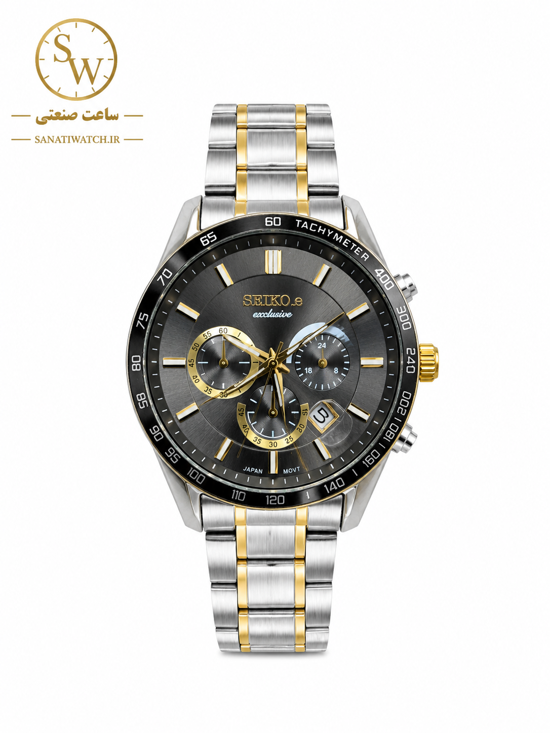 ساعت مچی مردانه SEIKO سیکو فلزی سه موتور فعال کورنوگراف بند طلایی استیل قاب طلایی استیل صفحه مشکی کد 3096