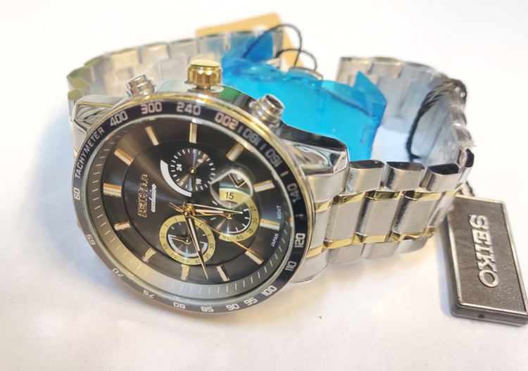 ساعت مچی مردانه SEIKO سیکو فلزی سه موتور فعال کورنوگراف بند طلایی استیل قاب طلایی استیل صفحه مشکی کد 3096