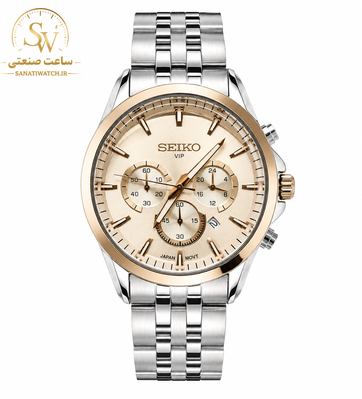 ساعت مچی مردانه SEIKO سیکو فلزی سه موتور فعال کورنوگراف بند استیل قاب رزگلد استیل صفحه استیل شیشه رزگلد کد 8013