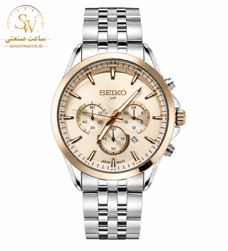 ساعت مچی مردانه SEIKO سیکو فلزی سه موتور فعال کورنوگراف بند استیل قاب رزگلد استیل صفحه استیل شیشه رزگلد کد 8013