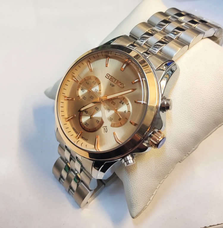 ساعت مچی مردانه SEIKO سیکو فلزی سه موتور فعال کورنوگراف بند استیل قاب رزگلد استیل صفحه استیل شیشه رزگلد کد 8013