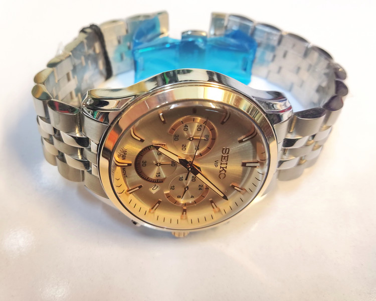 ساعت مچی مردانه SEIKO سیکو فلزی سه موتور فعال کورنوگراف بند استیل قاب رزگلد استیل صفحه استیل شیشه رزگلد کد 8013