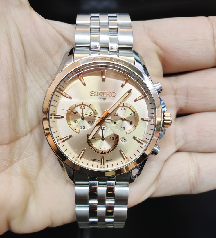 ساعت مچی مردانه SEIKO سیکو فلزی سه موتور فعال کورنوگراف بند استیل قاب رزگلد استیل صفحه استیل شیشه رزگلد کد 8013