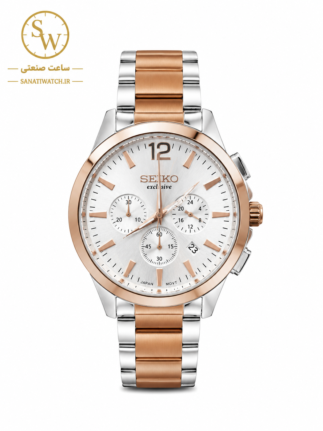 ساعت مچی مردانه SEIKO سیکو فلزی سه موتور فعال کورنوگراف بند رزگلد استیل قاب رزگلد استیل صفحه استیل کد 3023