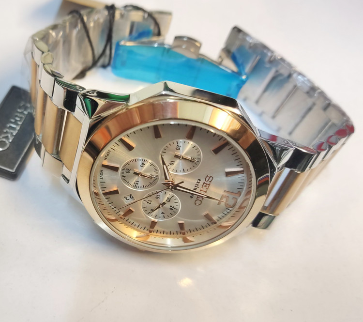 ساعت مچی مردانه SEIKO سیکو فلزی سه موتور فعال کورنوگراف بند رزگلد استیل قاب رزگلد استیل صفحه استیل کد 3023