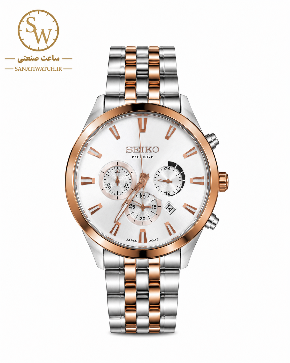 ساعت مچی مردانه SEIKO سیکو فلزی سه موتور فعال کورنوگراف بند رزگلد استیل قاب رزگلد استیل صفحه استیل کد 3032