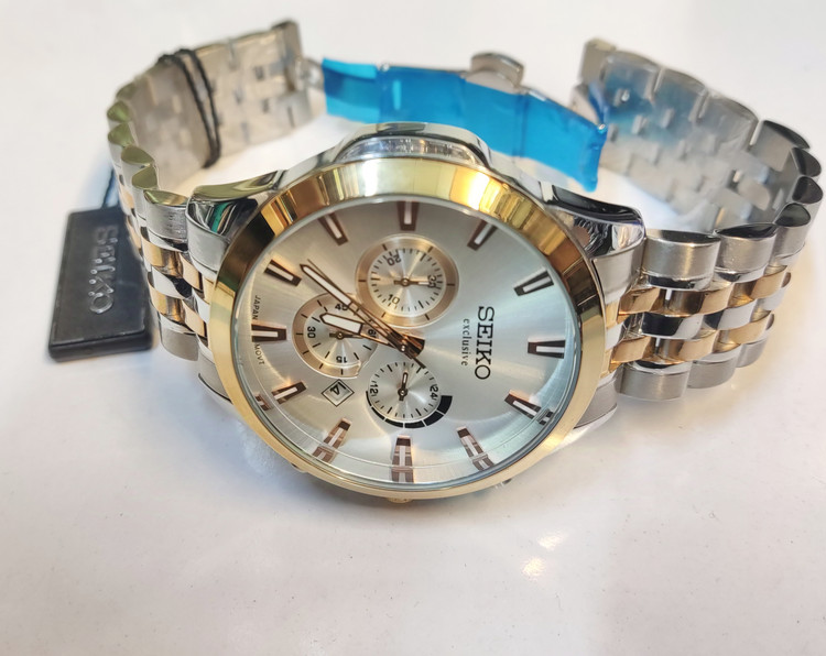 ساعت مچی مردانه SEIKO سیکو فلزی سه موتور فعال کورنوگراف بند رزگلد استیل قاب رزگلد استیل صفحه استیل کد 3032