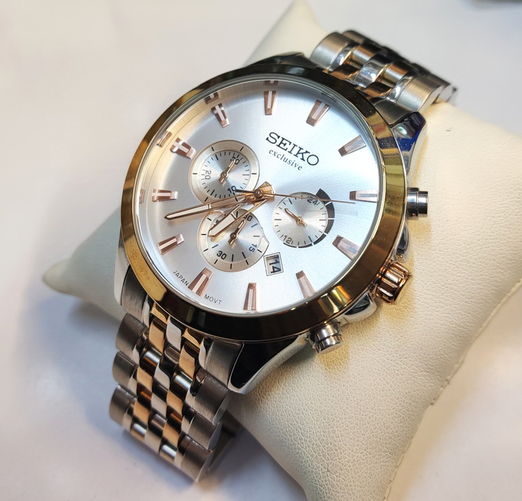 ساعت مچی مردانه SEIKO سیکو فلزی سه موتور فعال کورنوگراف بند رزگلد استیل قاب رزگلد استیل صفحه استیل کد 3032