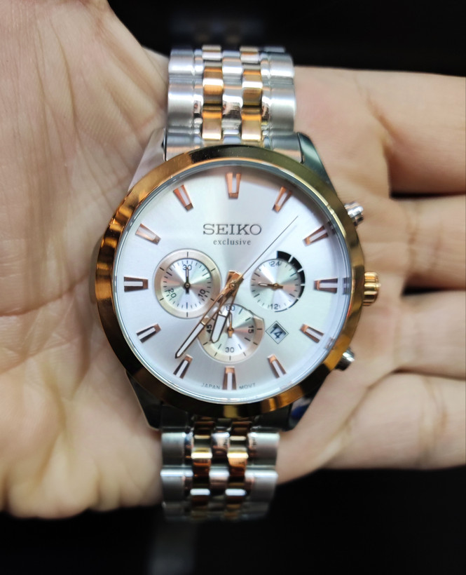 ساعت مچی مردانه SEIKO سیکو فلزی سه موتور فعال کورنوگراف بند رزگلد استیل قاب رزگلد استیل صفحه استیل کد 3032