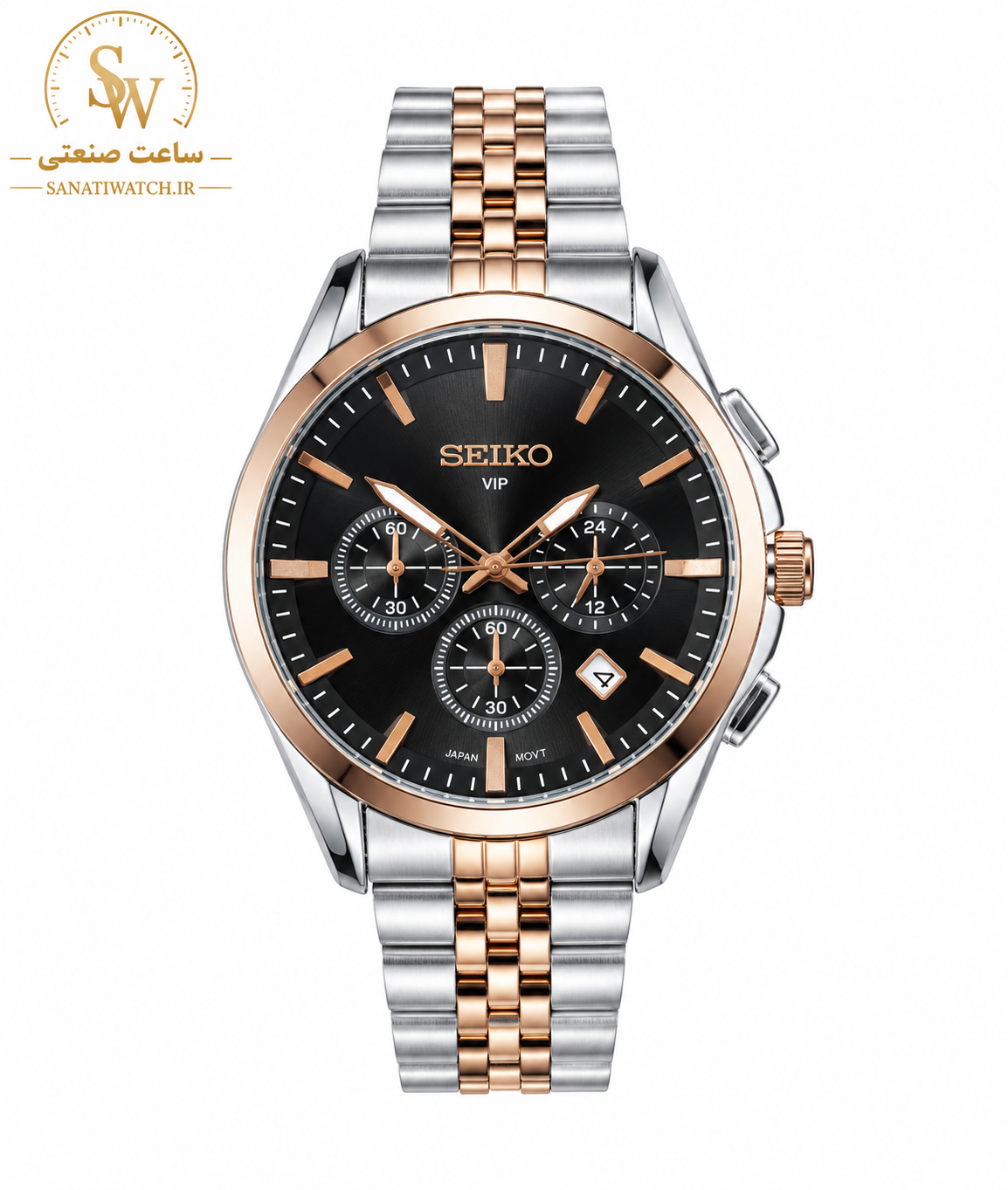 ساعت مچی مردانه SEIKO سیکو فلزی سه موتور فعال کورنوگراف بند رزگلد استیل قاب رزگلد استیل صفحه مشکی کد 8016