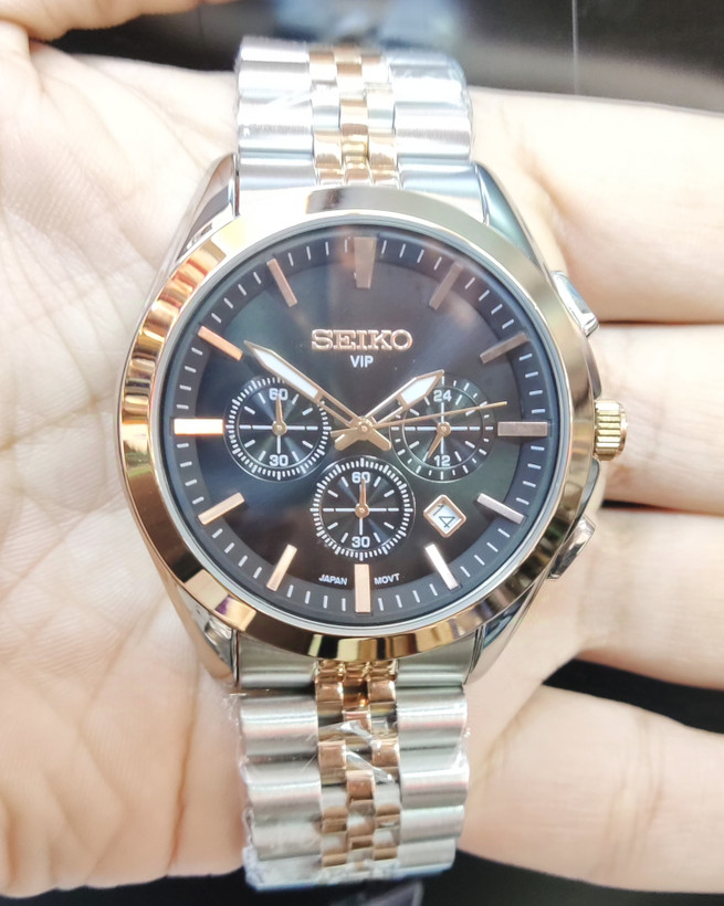 ساعت مچی مردانه SEIKO سیکو فلزی سه موتور فعال کورنوگراف بند رزگلد استیل قاب رزگلد استیل صفحه مشکی کد 8016
