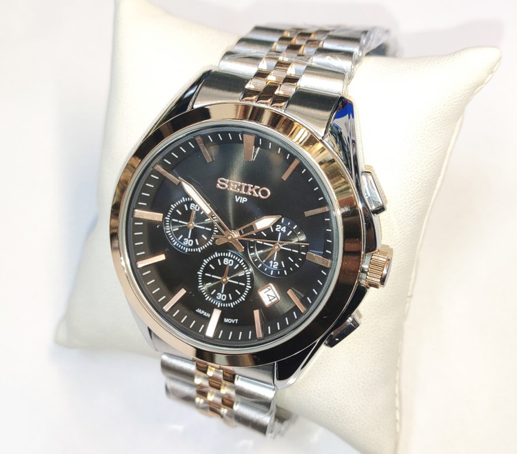 ساعت مچی مردانه SEIKO سیکو فلزی سه موتور فعال کورنوگراف بند رزگلد استیل قاب رزگلد استیل صفحه مشکی کد 8016