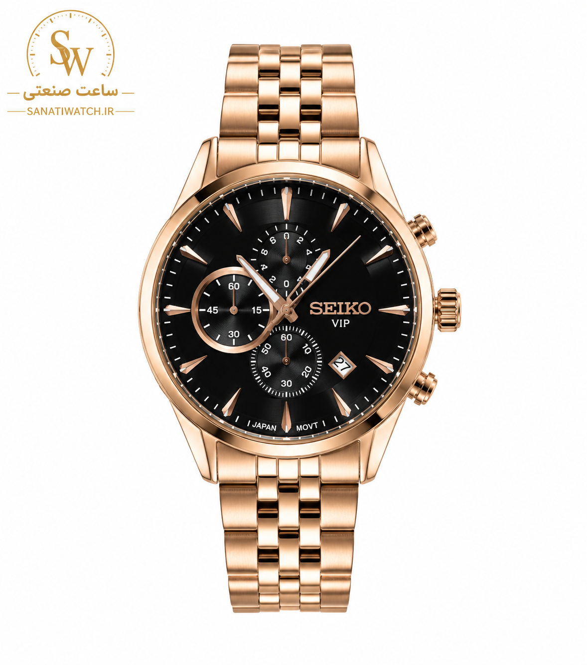 ساعت مچی مردانه SEIKO سیکو فلزی سه موتور فعال کورنوگراف بند رزگلد قاب رزگلد صفحه مشکی کد 8021