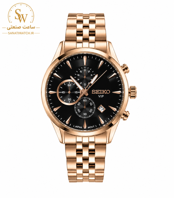 ساعت مچی مردانه SEIKO سیکو فلزی سه موتور فعال کورنوگراف بند رزگلد قاب رزگلد صفحه مشکی کد 8021