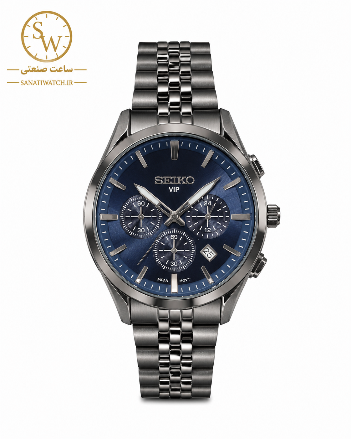ساعت مچی مردانه SEIKO سیکو فلزی سه موتور فعال کورنوگراف بندو قاب دودی نوک مدادی صفحه سورمه ای کد 8016