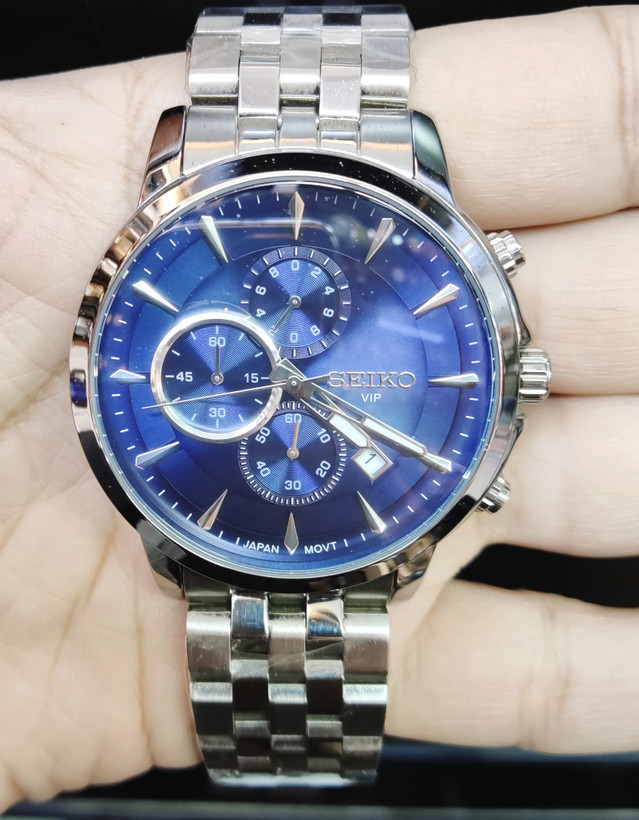 ساعت مچی مردانه SEIKO سیکو فلزی سه موتور فعال کورنوگراف بندو قاب استیل صفحه سورمه ای کد 8021