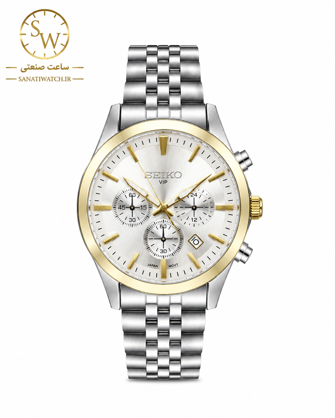 ساعت مچی مردانه SEIKO سیکو فلزی سه موتور فعال کورنوگراف بند استیل قاب طلایی استیل صفحه استیل کد 8016