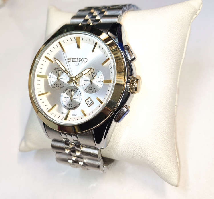 ساعت مچی مردانه SEIKO سیکو فلزی سه موتور فعال کورنوگراف بند استیل قاب طلایی استیل صفحه استیل کد 8016