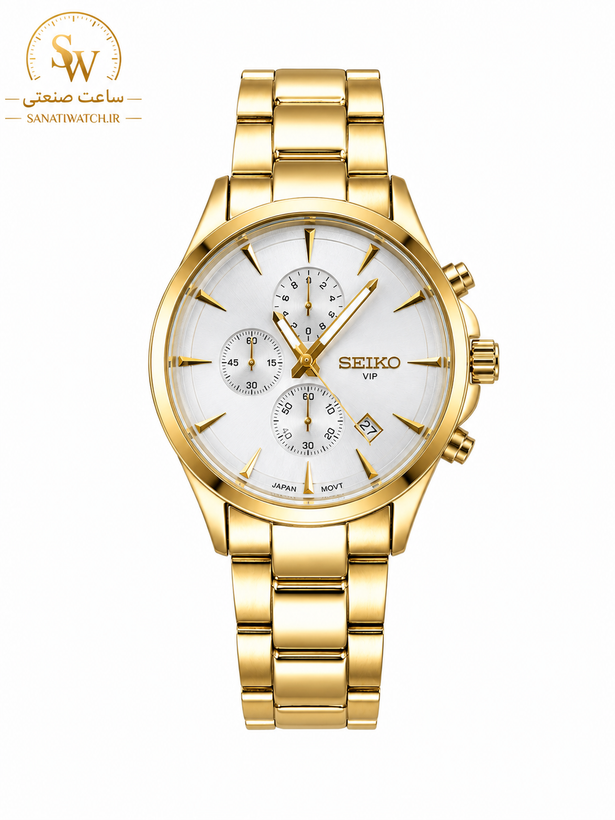 ساعت مچی مردانه SEIKO سیکو فلزی سه موتور فعال کورنوگراف بند طلایی قاب طلایی صفحه استیل دور شیشه آینه ای کد 8012