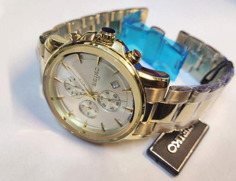 ساعت مچی مردانه SEIKO سیکو فلزی سه موتور فعال کورنوگراف بند طلایی قاب طلایی صفحه استیل دور شیشه آینه ای کد 8012