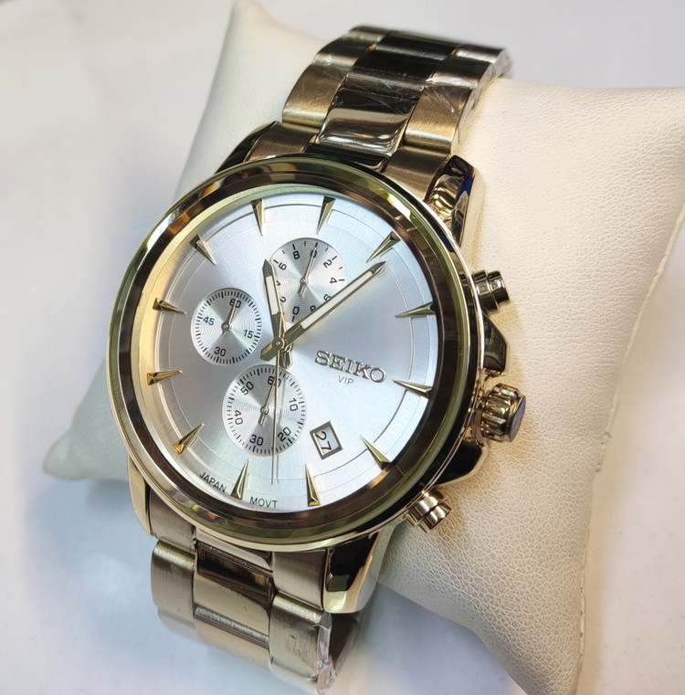 ساعت مچی مردانه SEIKO سیکو فلزی سه موتور فعال کورنوگراف بند طلایی قاب طلایی صفحه استیل دور شیشه آینه ای کد 8012