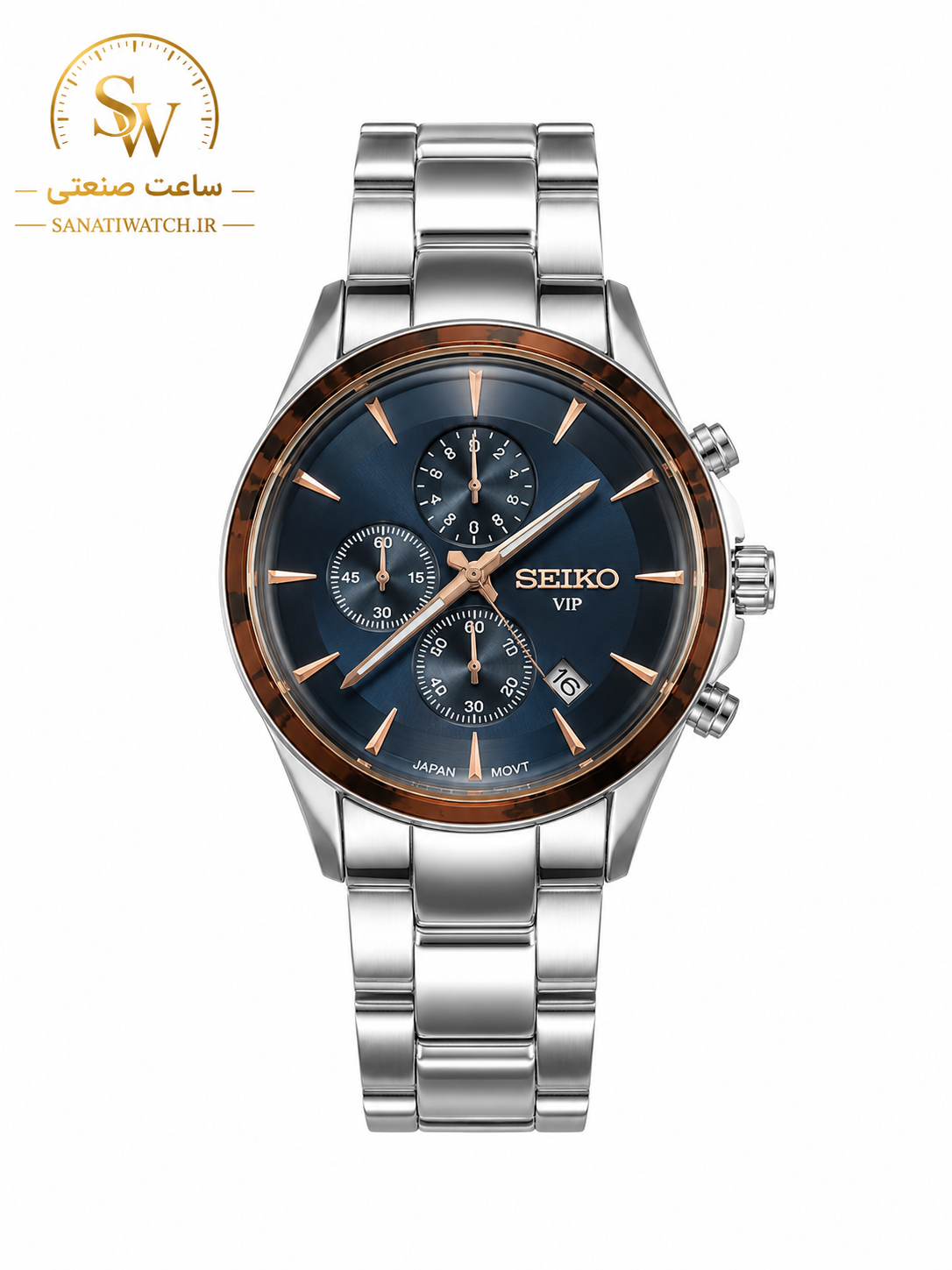 ساعت مچی مردانه SEIKO سیکو فلزی سه موتور فعال کورنوگراف بند استیل قاب رزگلد استیل صفحه مشکی دور شیشه آینه ای کد 8012