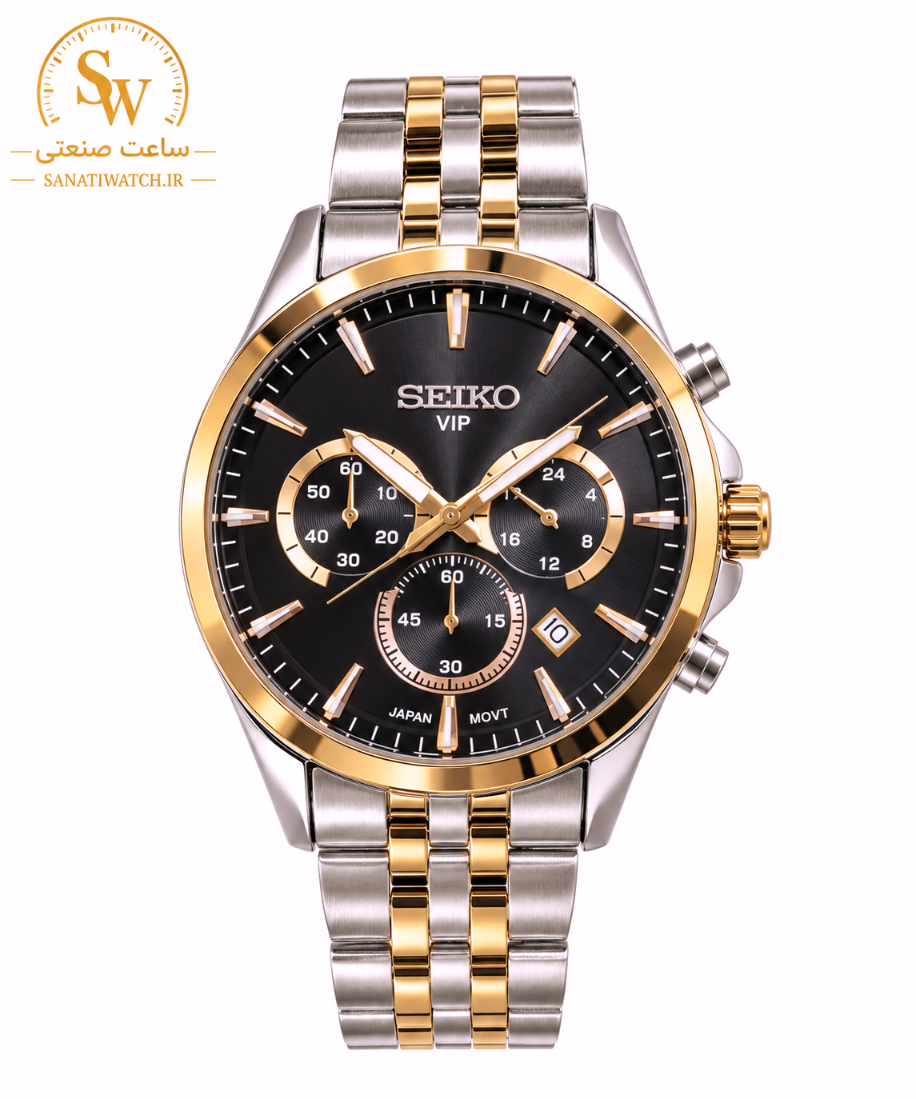 ساعت مچی مردانه SEIKO سیکو فلزی سه موتور فعال کورنوگراف بند رزگلد استیل قاب رزگلد استیل صفحه مشکی کد 8013