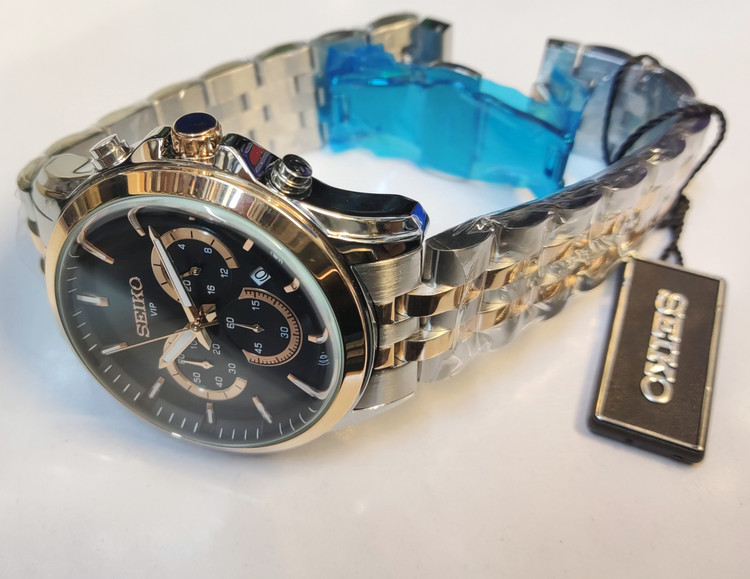 ساعت مچی مردانه SEIKO سیکو فلزی سه موتور فعال کورنوگراف بند رزگلد استیل قاب رزگلد استیل صفحه مشکی کد 8013