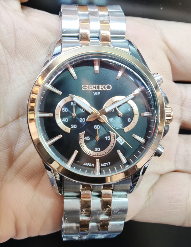 ساعت مچی مردانه SEIKO سیکو فلزی سه موتور فعال کورنوگراف بند رزگلد استیل قاب رزگلد استیل صفحه مشکی کد 8013