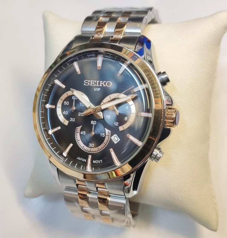ساعت مچی مردانه SEIKO سیکو فلزی سه موتور فعال کورنوگراف بند رزگلد استیل قاب رزگلد استیل صفحه مشکی کد 8013