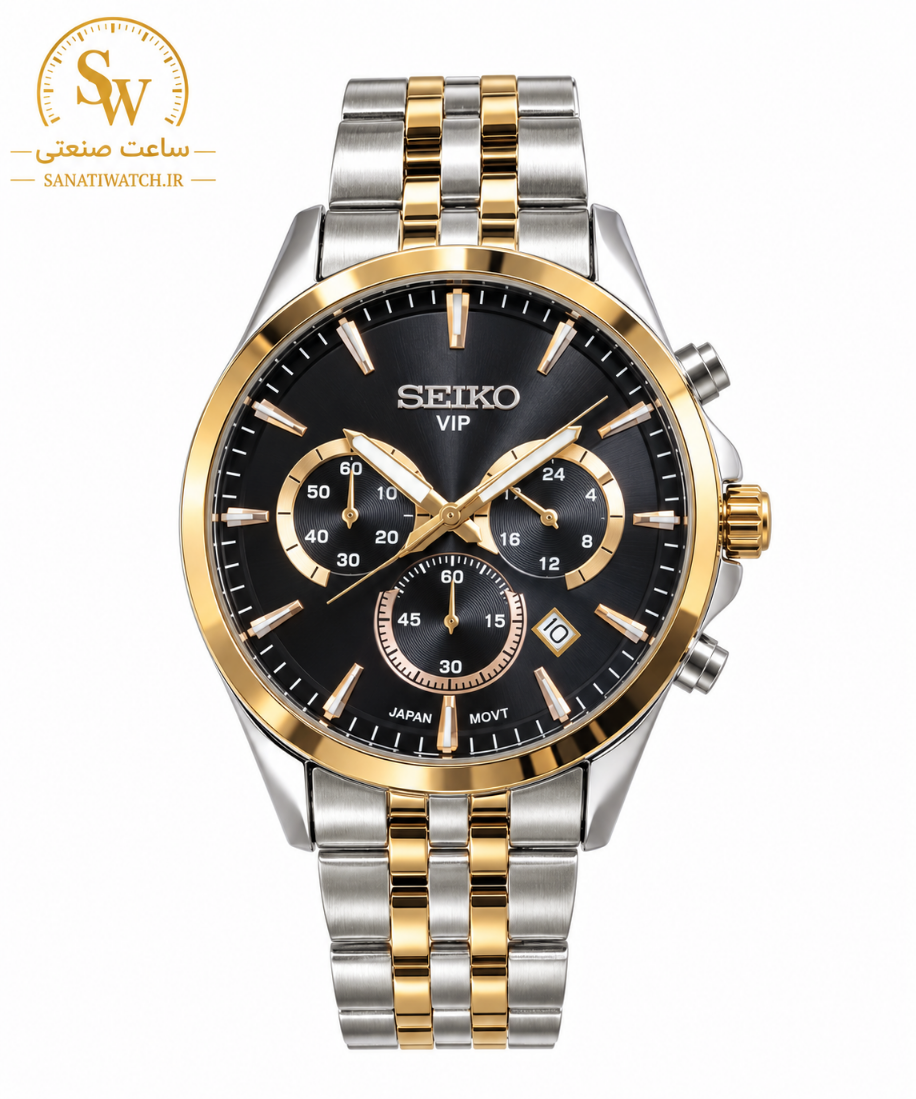 ساعت مچی مردانه SEIKO سیکو فلزی سه موتور فعال کورنوگراف بند طلایی استیل قاب طلایی استیل صفحه مشکی کد 8013