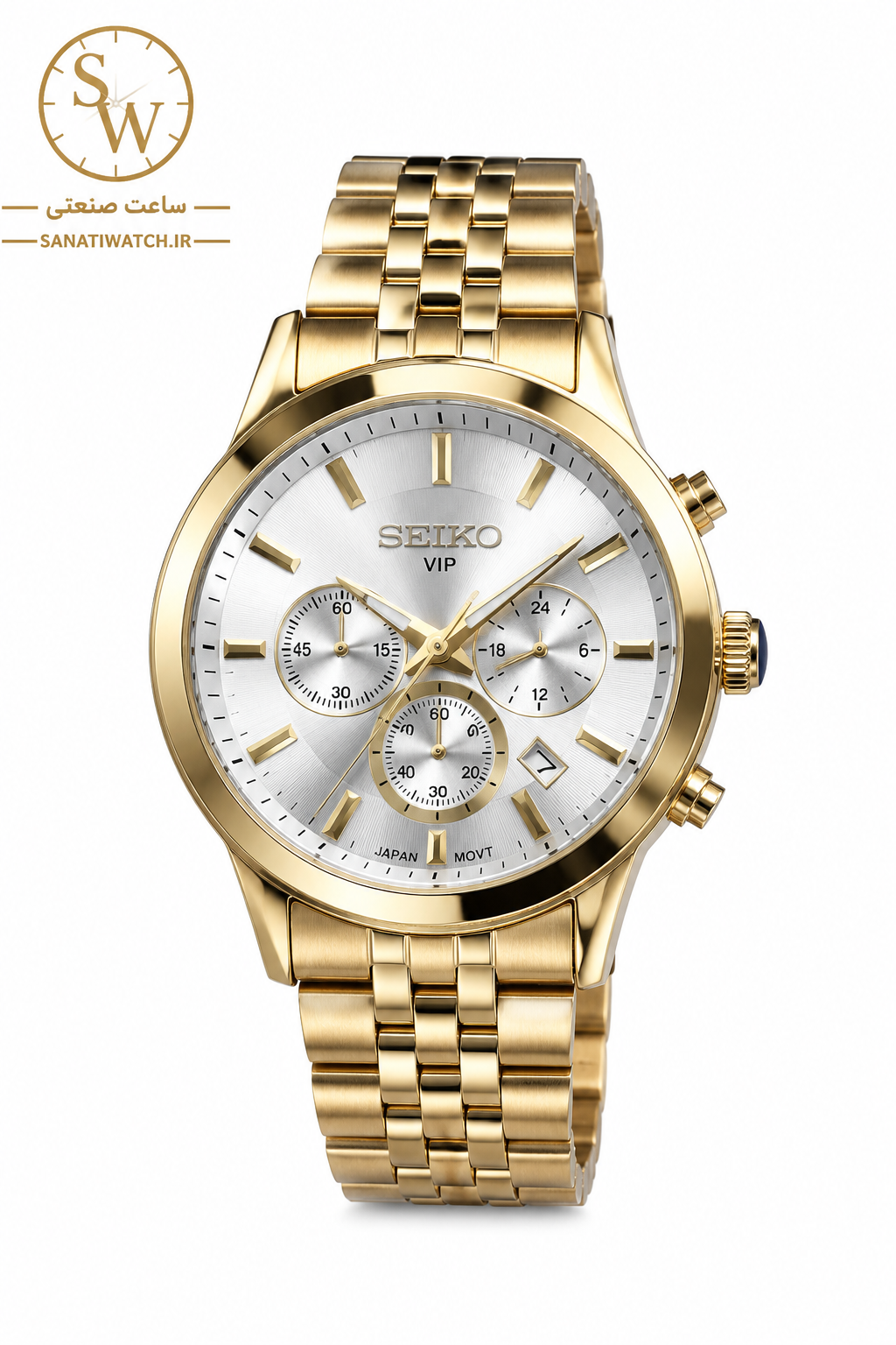 ساعت مچی مردانه SEIKO سیکو فلزی سه موتور فعال کورنوگراف بند طلایی قاب طلایی صفحه استیل کد 8011
