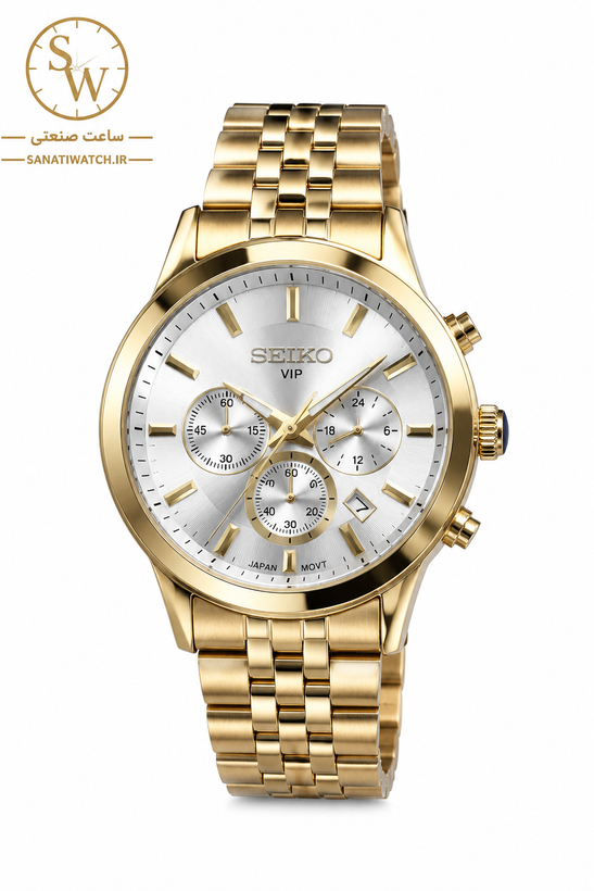 ساعت مچی مردانه SEIKO سیکو فلزی سه موتور فعال کورنوگراف بند طلایی قاب طلایی صفحه استیل کد 8011