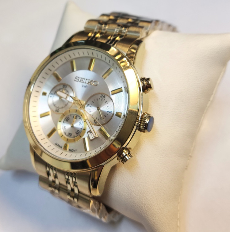 ساعت مچی مردانه SEIKO سیکو فلزی سه موتور فعال کورنوگراف بند طلایی قاب طلایی صفحه استیل کد 8011