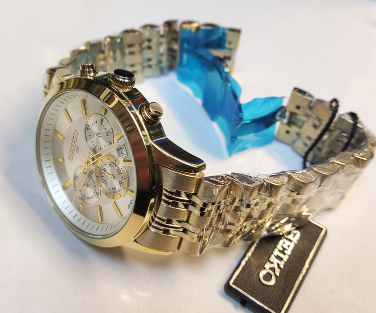ساعت مچی مردانه SEIKO سیکو فلزی سه موتور فعال کورنوگراف بند طلایی قاب طلایی صفحه استیل کد 8011